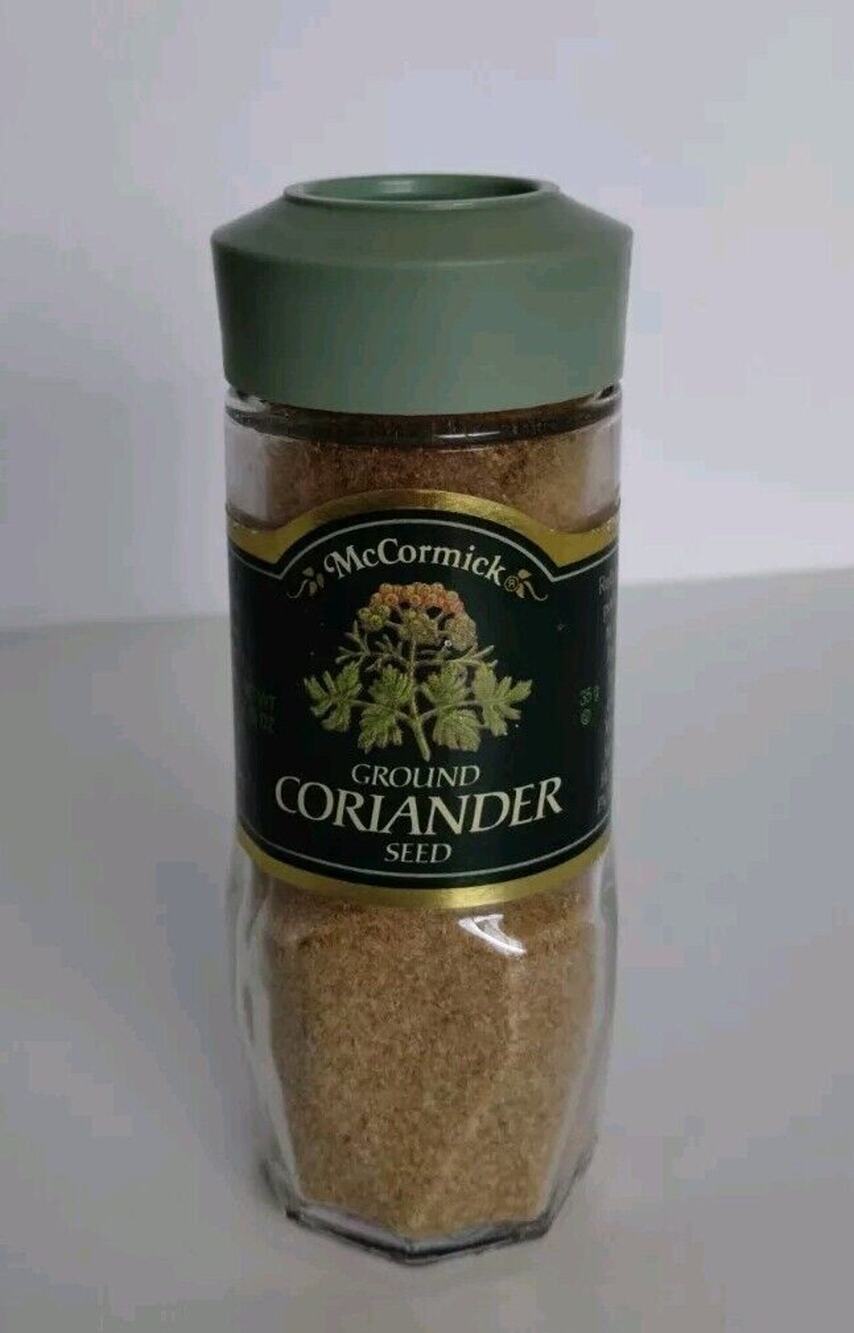 Vintage McCormick Spice Ground Coriander Seed Glass Jar Green Lid 1.25 oz - Exp